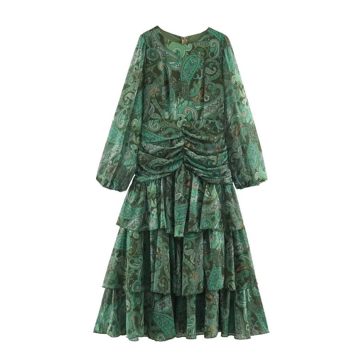 Paisley print ruched tiered midi dress, front flat lay