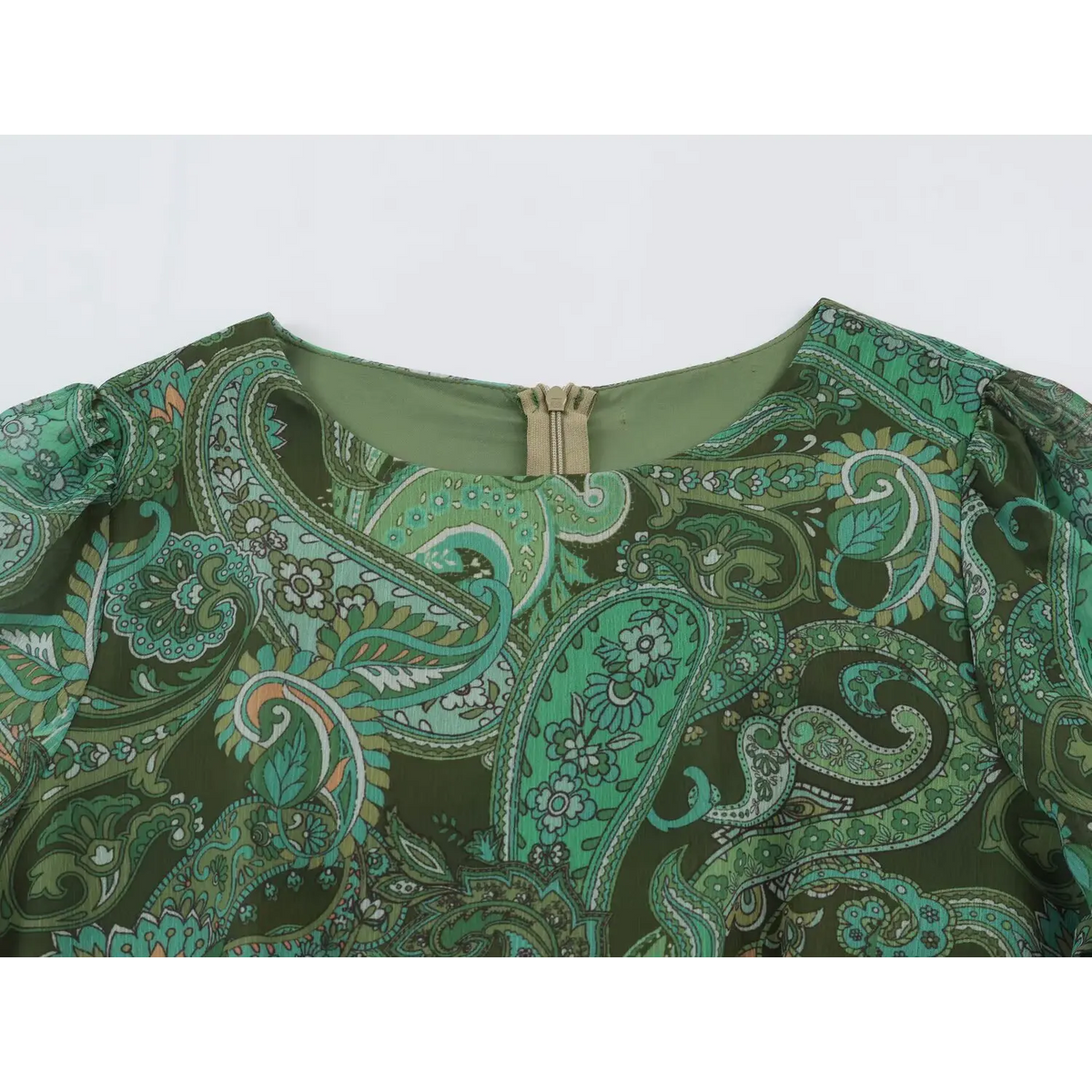Close-up of round neckline and back zipper