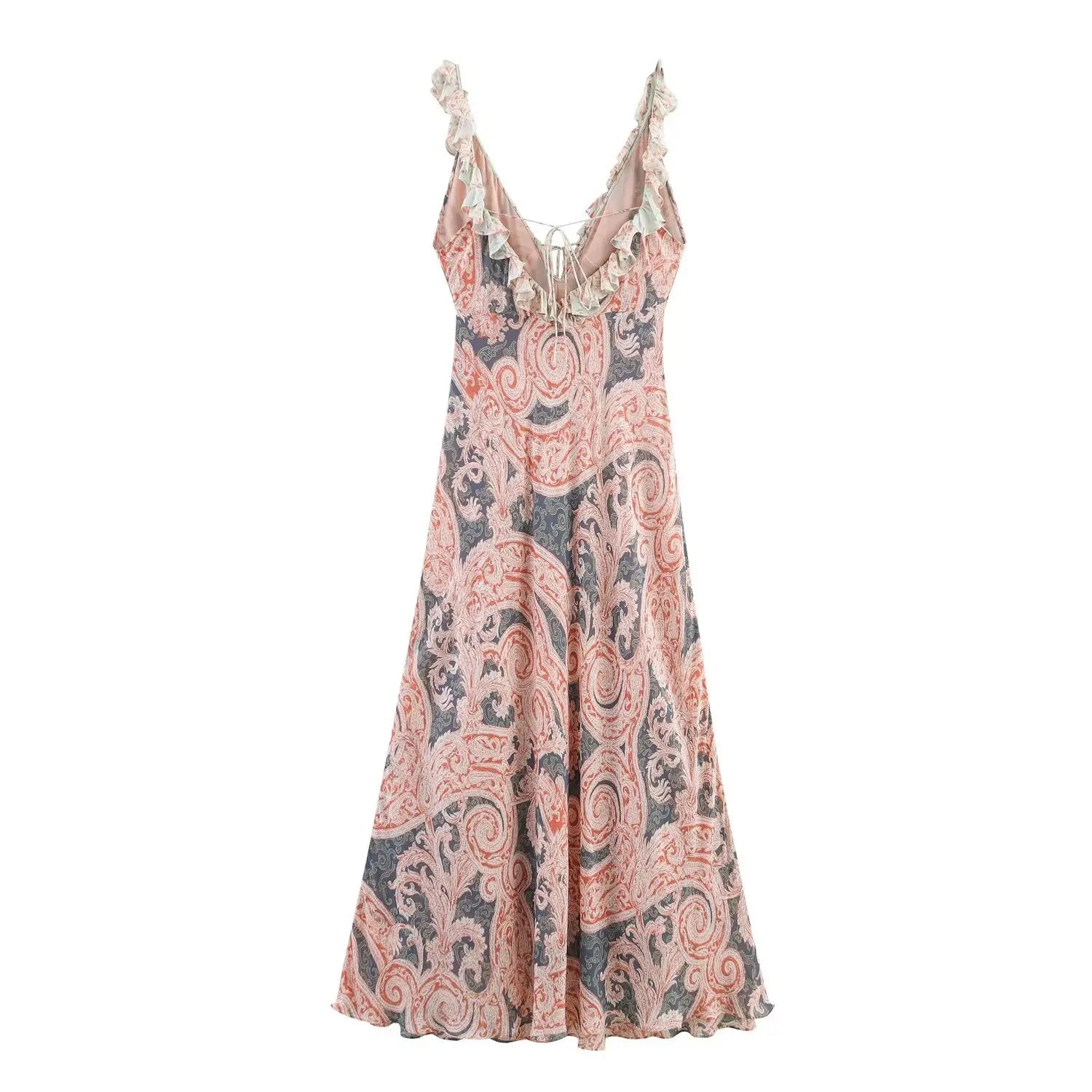 Flat‑lay back view of paisley print maxi dress, ruffle cami straps, crisscross lace‑up tie back, full‑length flowy skirt