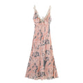 Flat‑lay front view of paisley print maxi dress, ruffle spaghetti straps, deep v‑neck, lace‑up back, flowy chiffon maxi silhouette