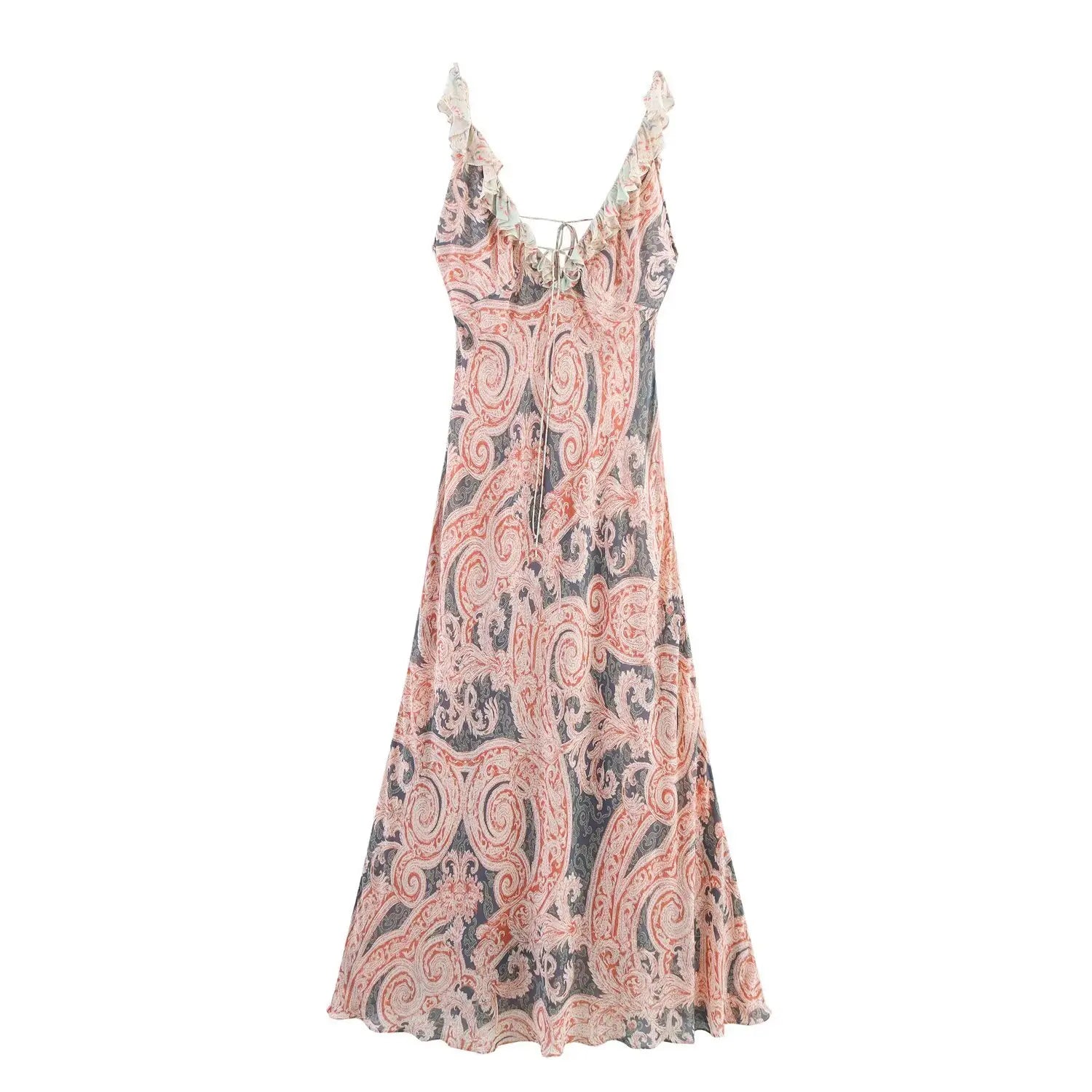 Flat‑lay front view of paisley print maxi dress, ruffle spaghetti straps, deep v‑neck, lace‑up back, flowy chiffon maxi silhouette