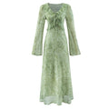 Front flat lay of paisley print ruffle tie bell sleeve midi dress