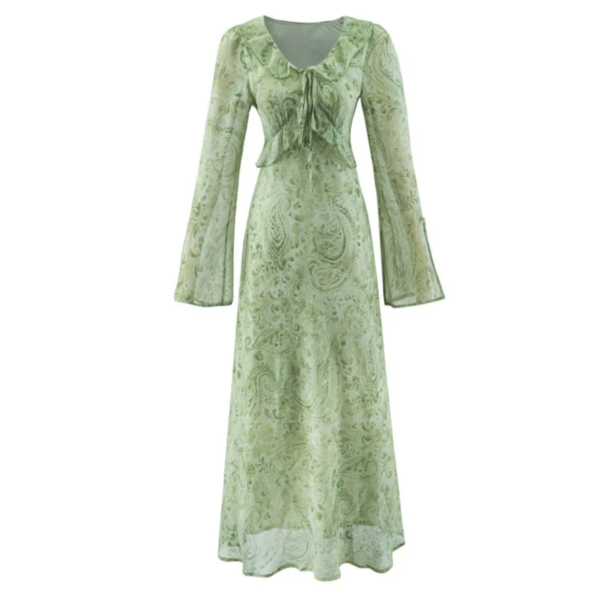 Front flat lay of paisley print ruffle tie bell sleeve midi dress
