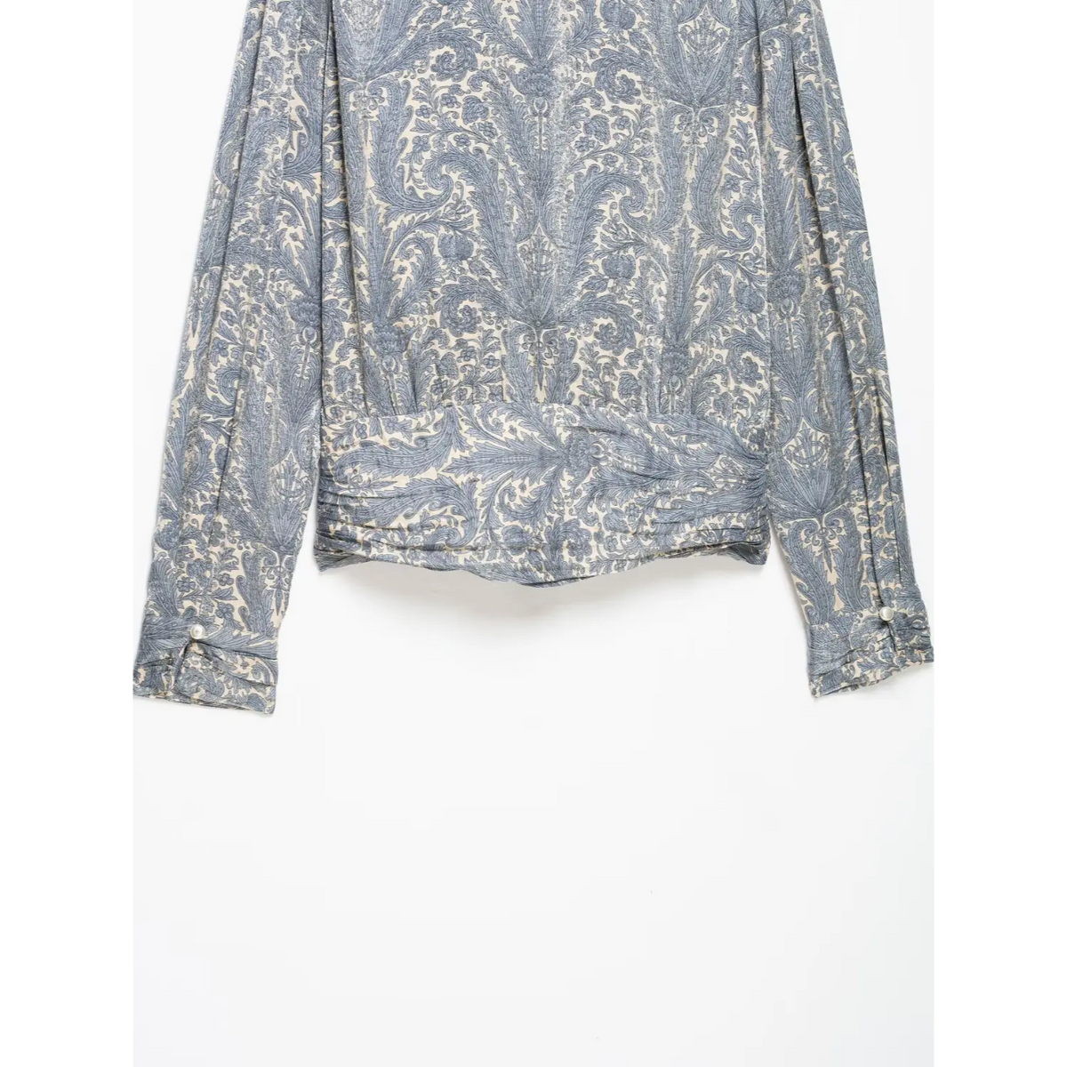 Back flat lay of paisley print tie neck blouse