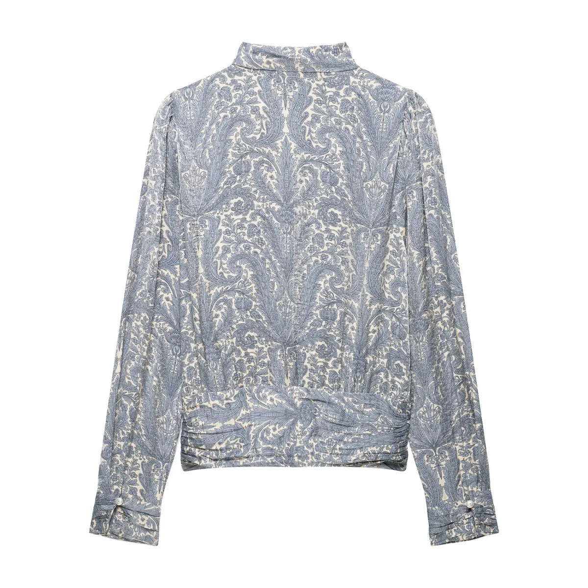 Back flat lay of paisley print tie neck blouse