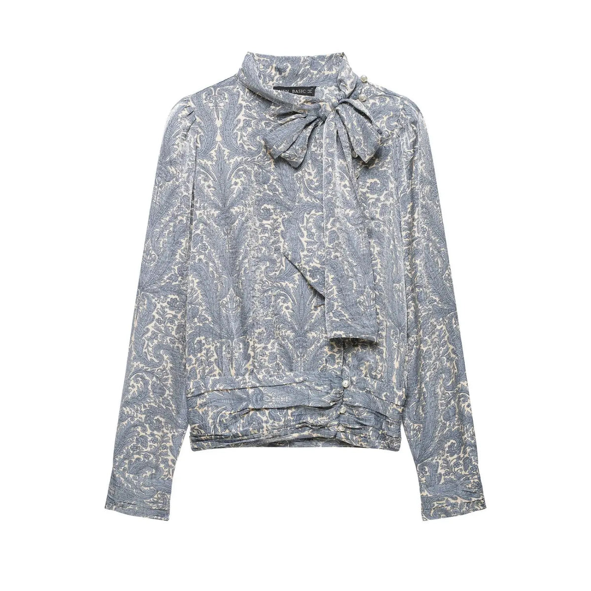 Front flat lay of paisley print tie neck blouse