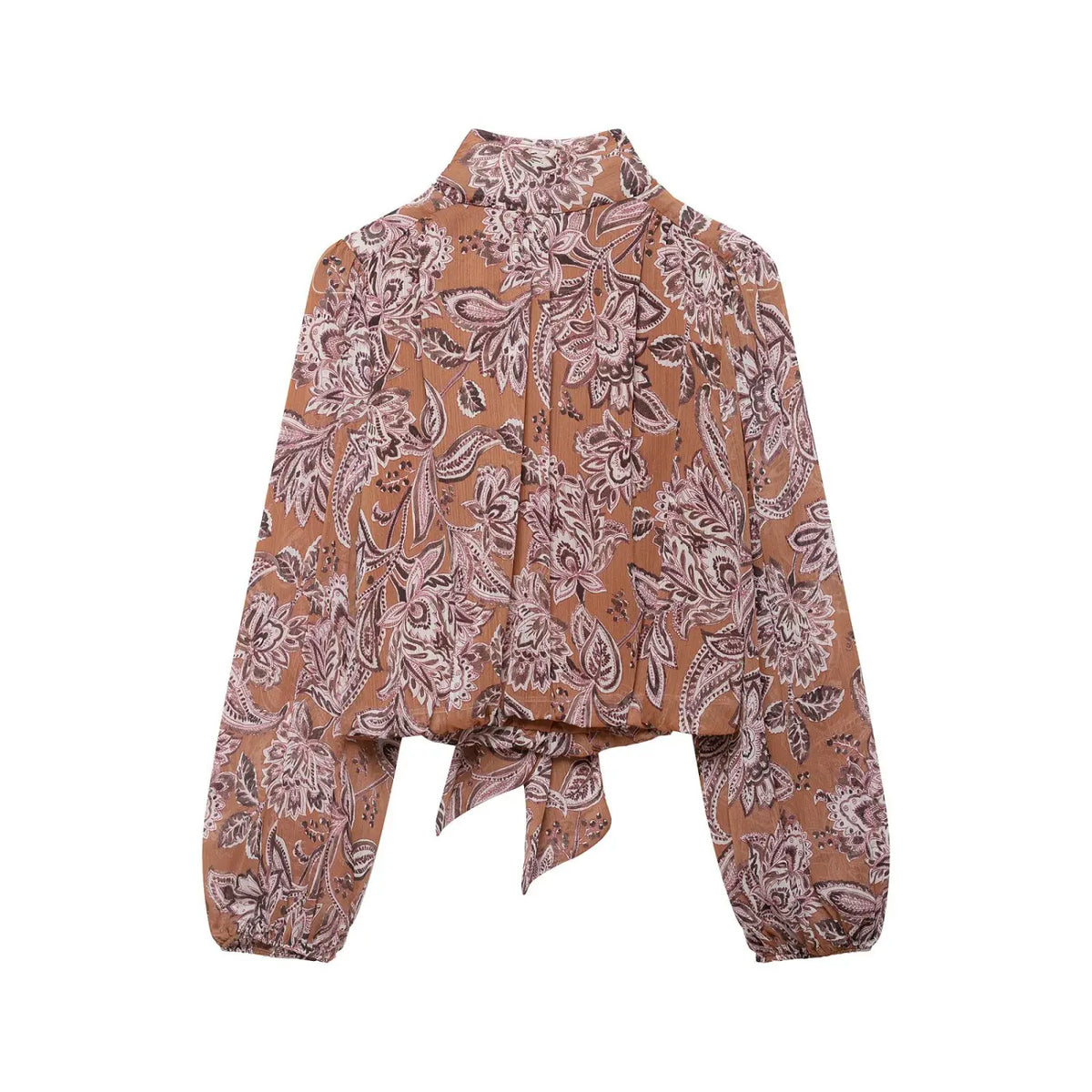 Paisley print tie neck puff sleeve blouse, back flat lay