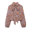 Paisley print tie neck puff sleeve blouse, front flat lay