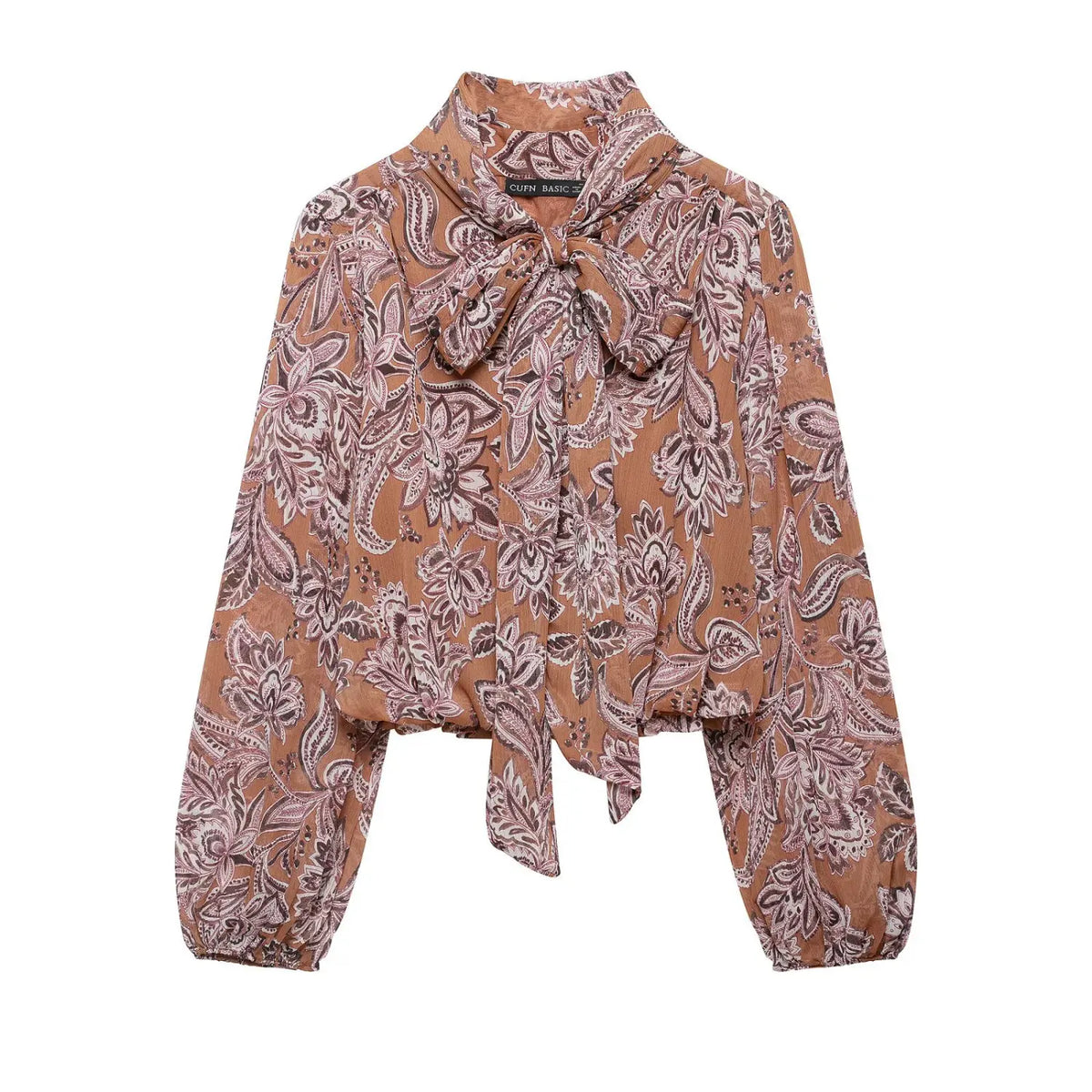 Paisley print tie neck puff sleeve blouse, front flat lay
