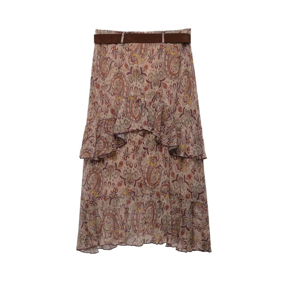 Back flat lay of paisley print tiered ruffle midi skirt