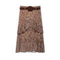 Front flat lay of paisley print tiered ruffle midi skirt with belt