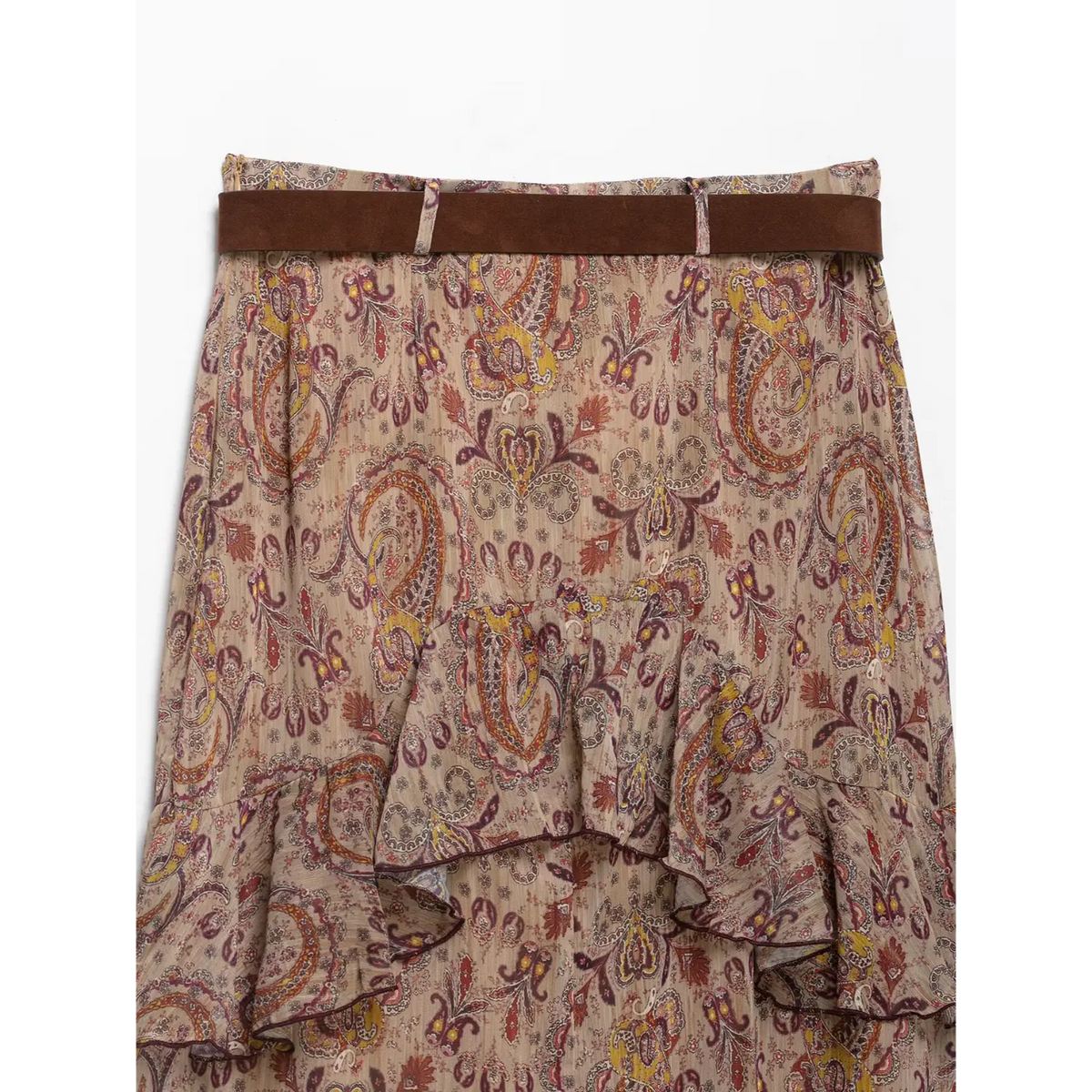 Close-up of waistband and tiered ruffles
