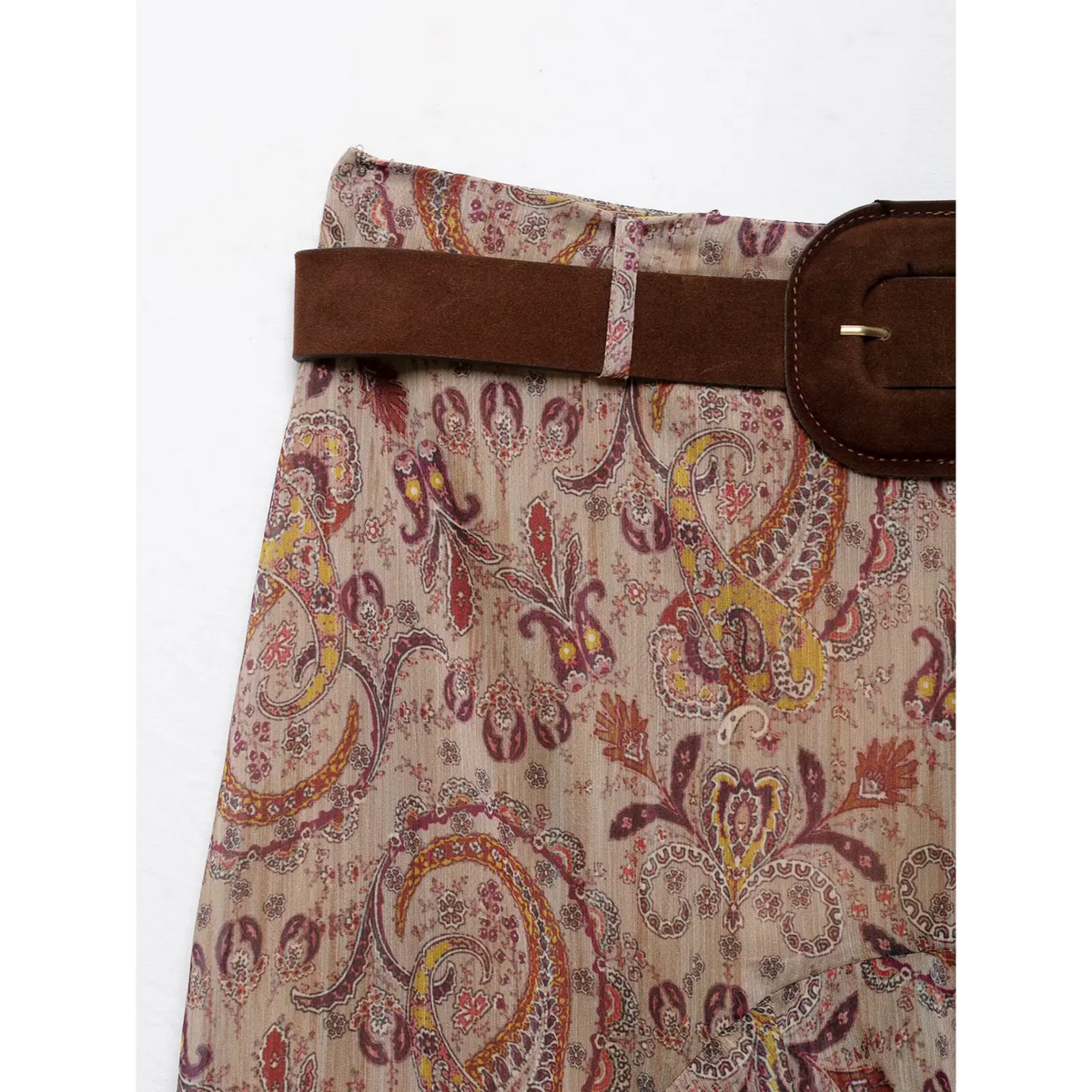 Close-up of waistband and suede belt
