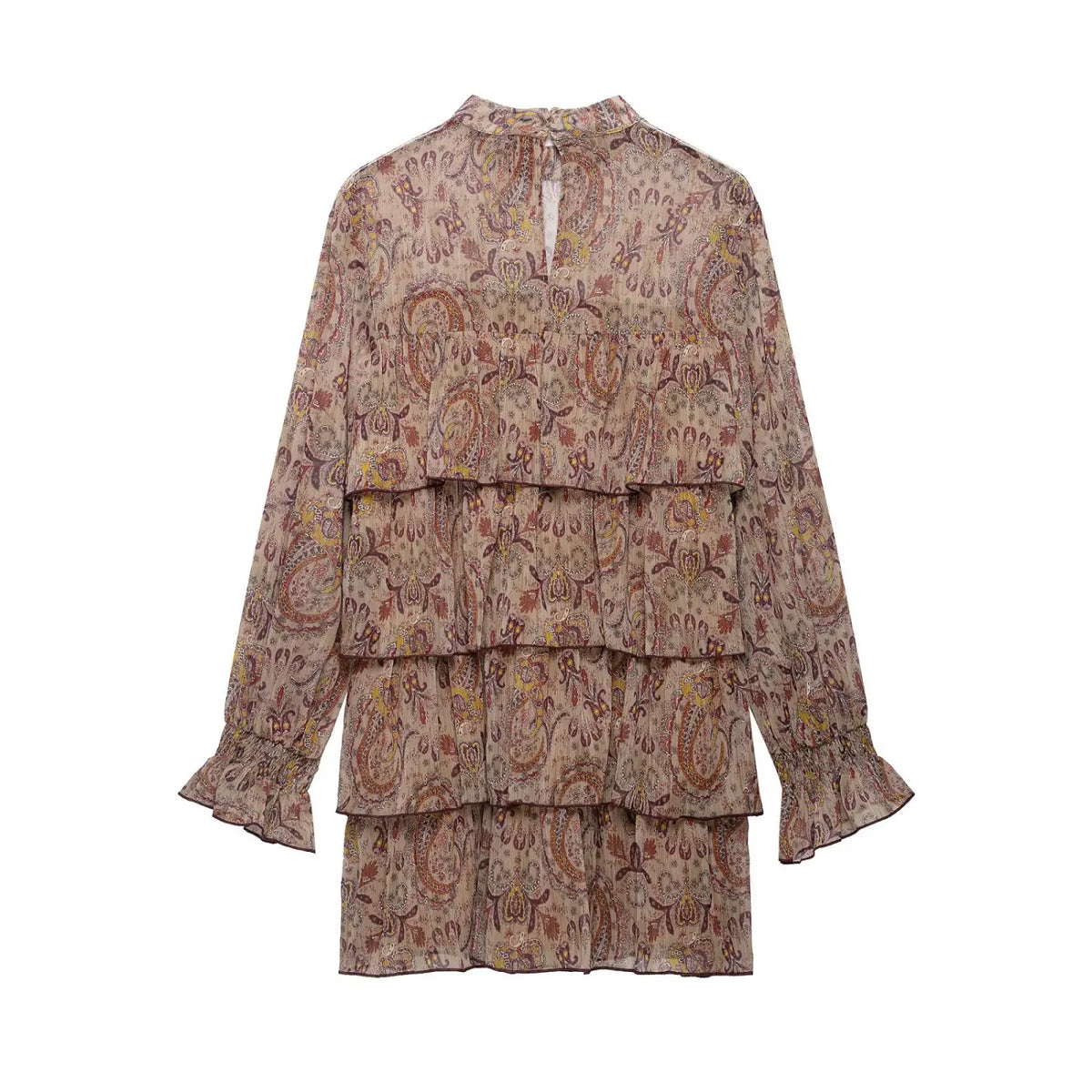 Back flat lay of paisley print tiered ruffle mini dress