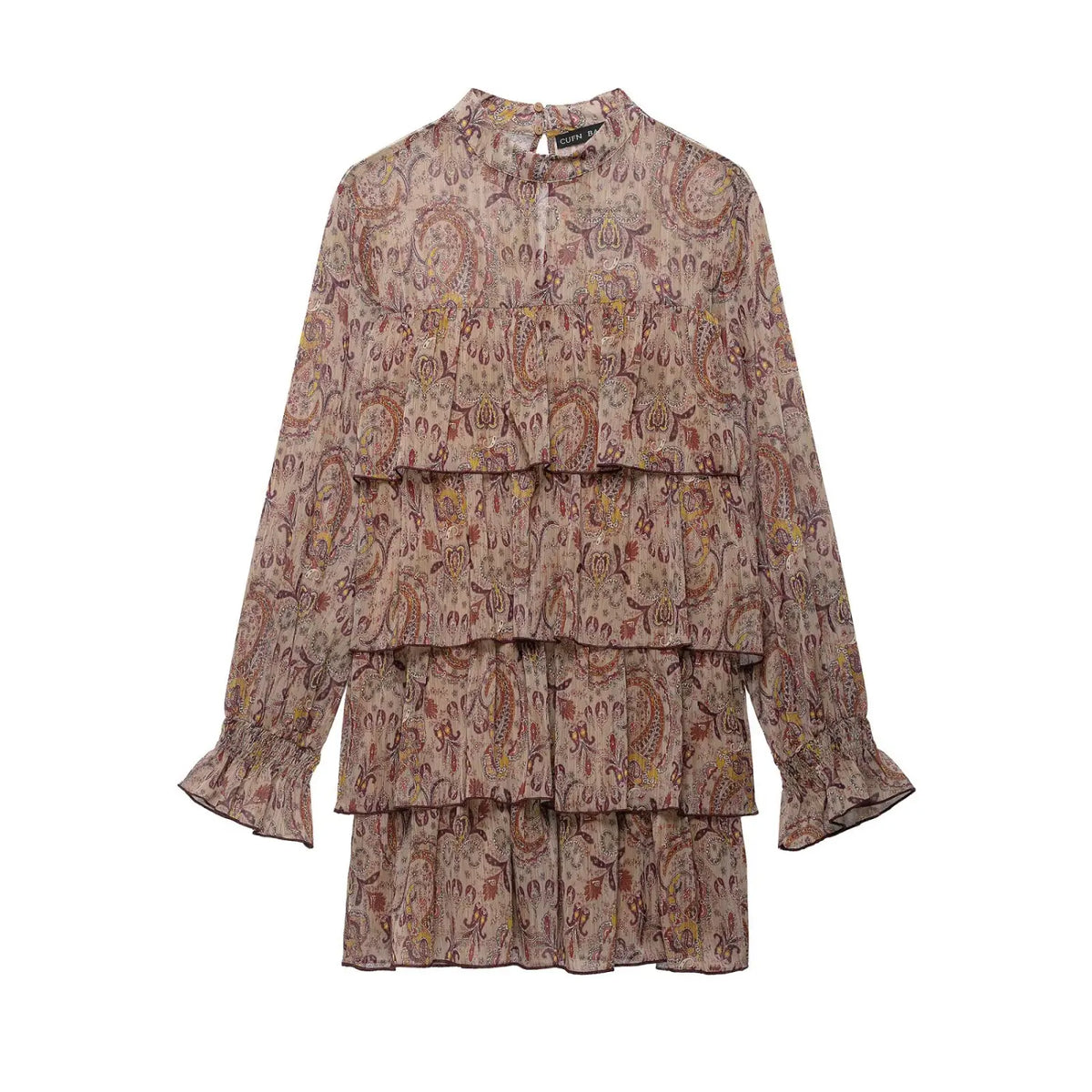 Front flat lay of paisley print tiered ruffle mini dress