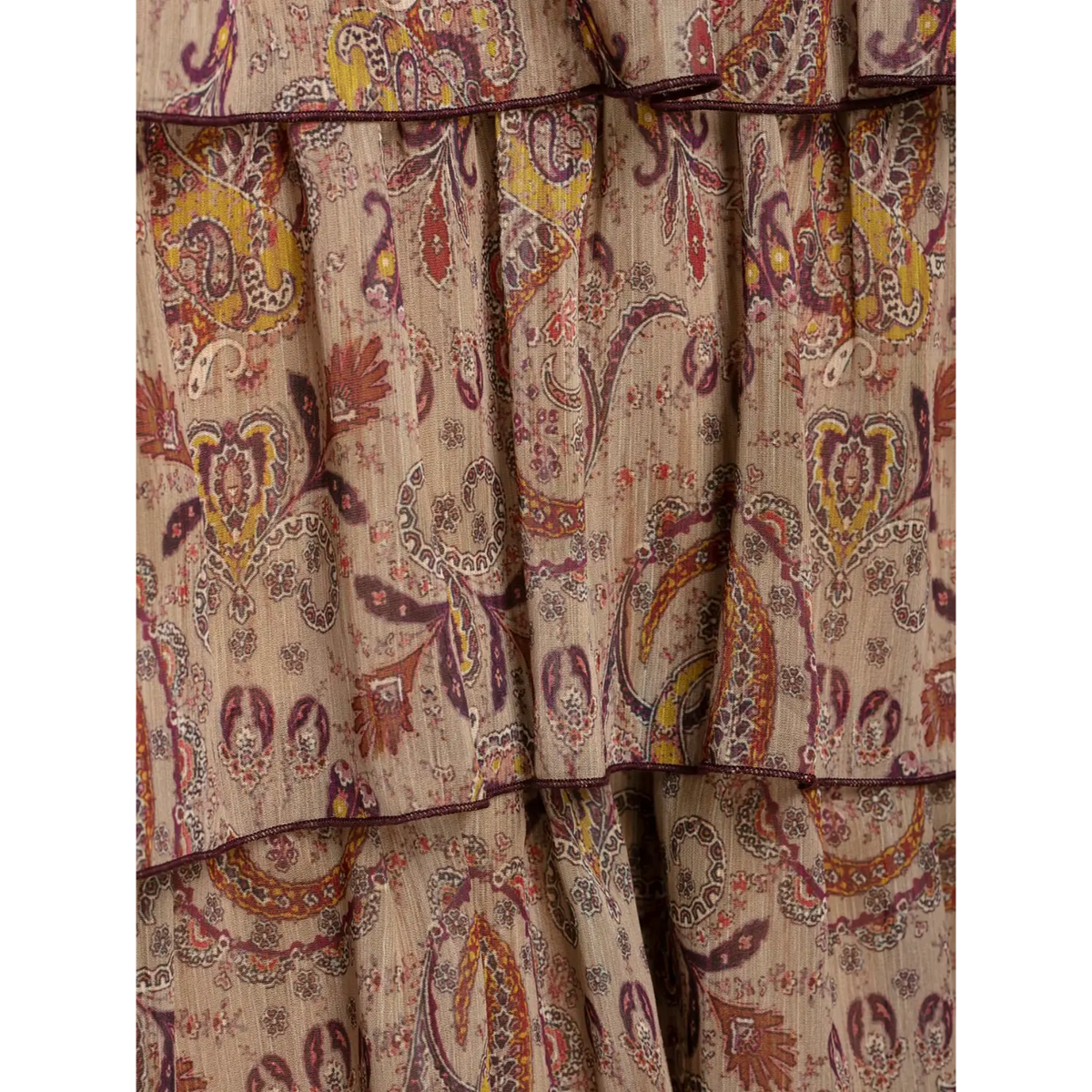 Close-up of paisley print and ruffle trim