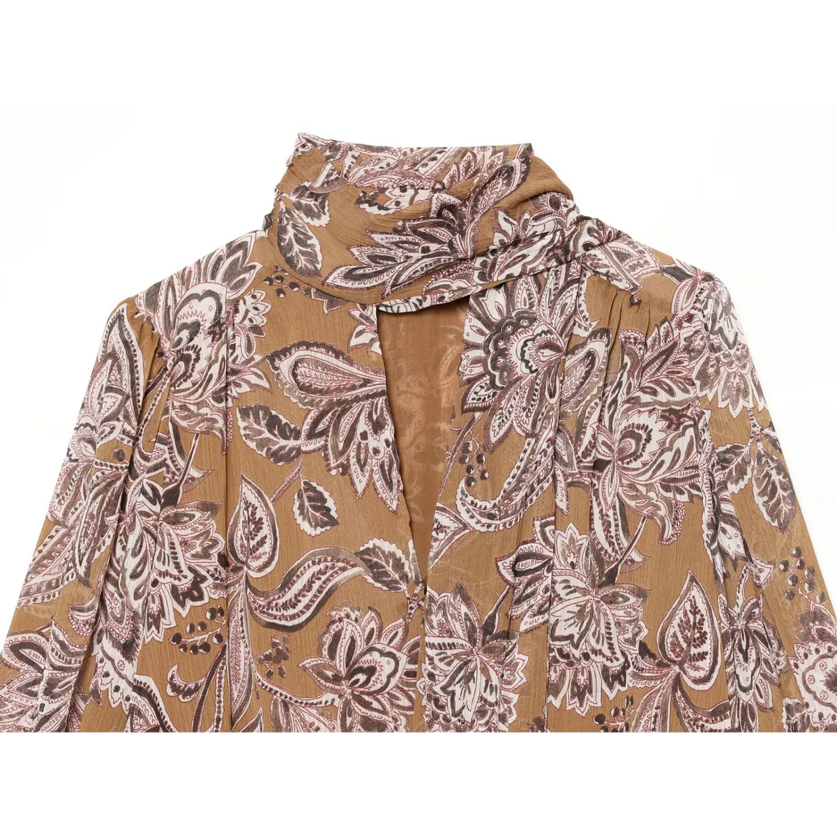 Close-up of draped scarf collar and V neckline