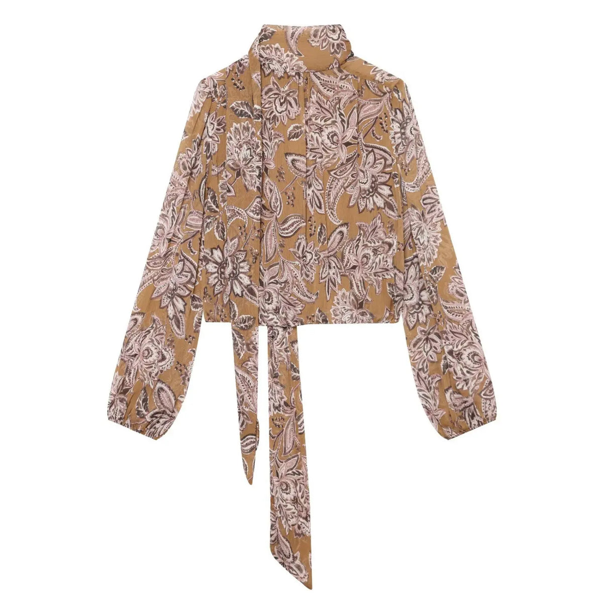 Front flat lay of paisley blouse with flowing tie sash