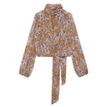 Front flat lay of paisley scarf tie neck balloon sleeve blouse