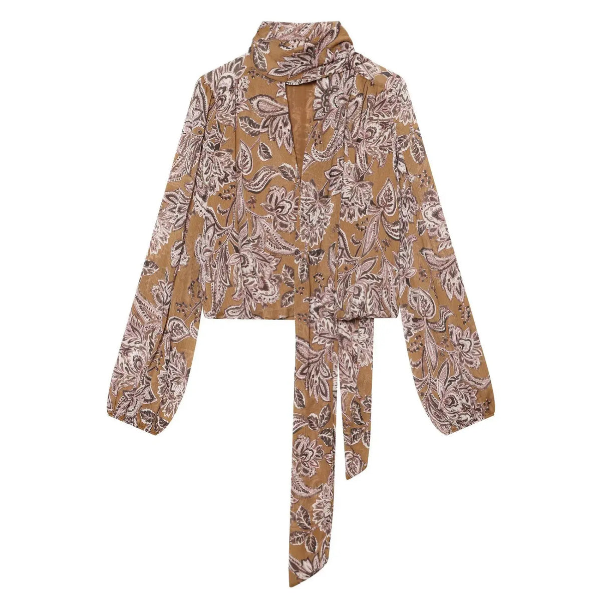 Front flat lay of paisley scarf tie neck balloon sleeve blouse
