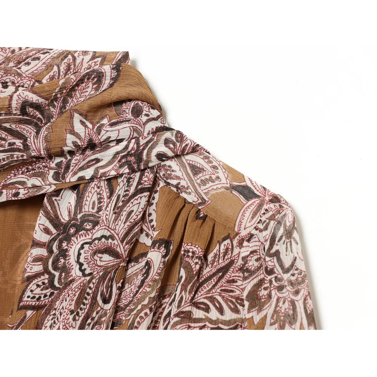 Close-up of gathered shoulder seam