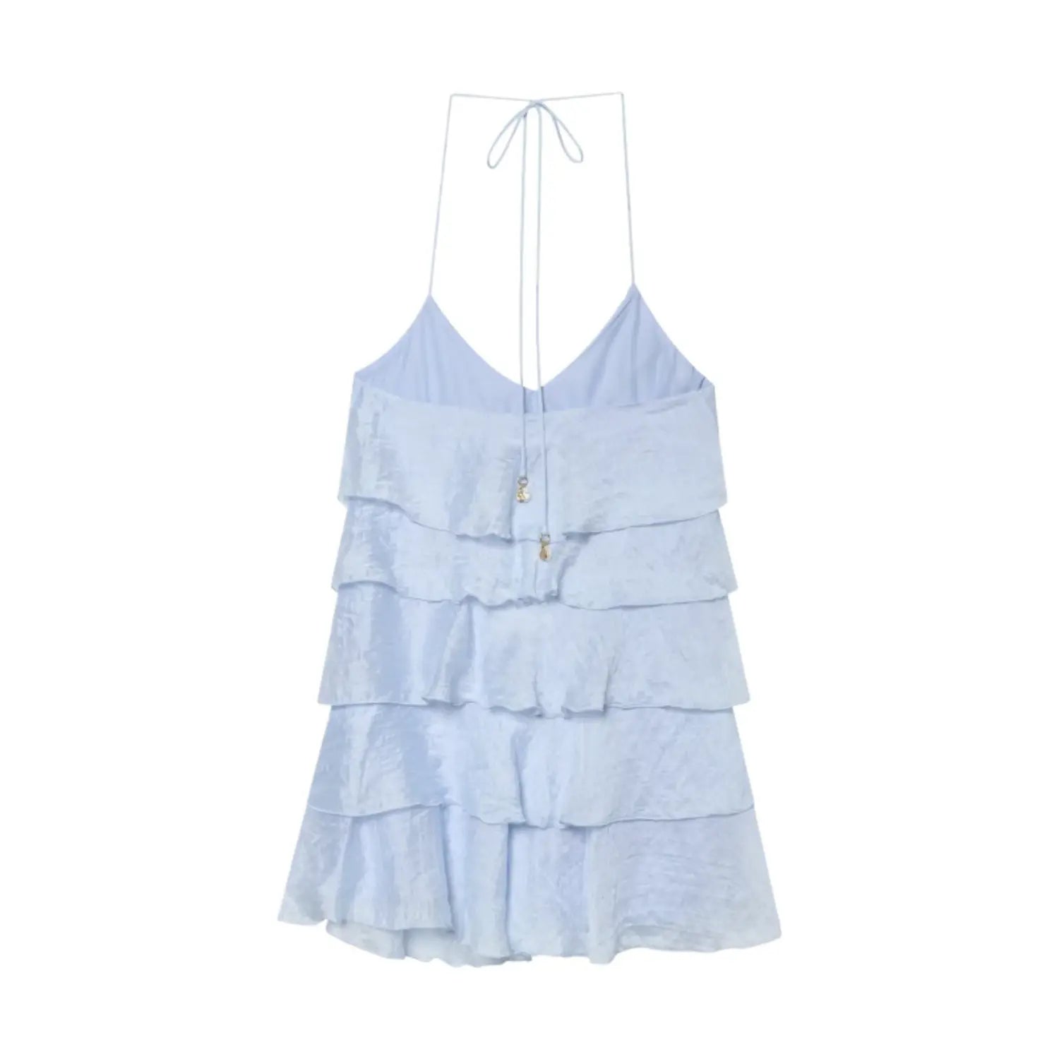 Complete back flat shot of light blue halter thin strap mini dress, long self tie back closure, multi layer ruffle skirt with full inner lining