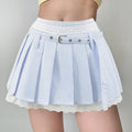Pale blue & white thin stripe double lace waist pleated mini skirt full body model shot, adjustable metal buckle belt, side invisible zipper, scalloped lace hem, built-in anti-chafing lining sweet college casual outfit display