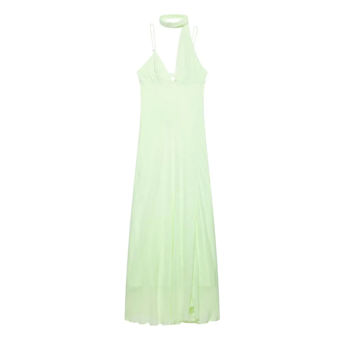 Women pale mint green maxi dress, front view, flowy silhouette for summer beach wedding guest outfit