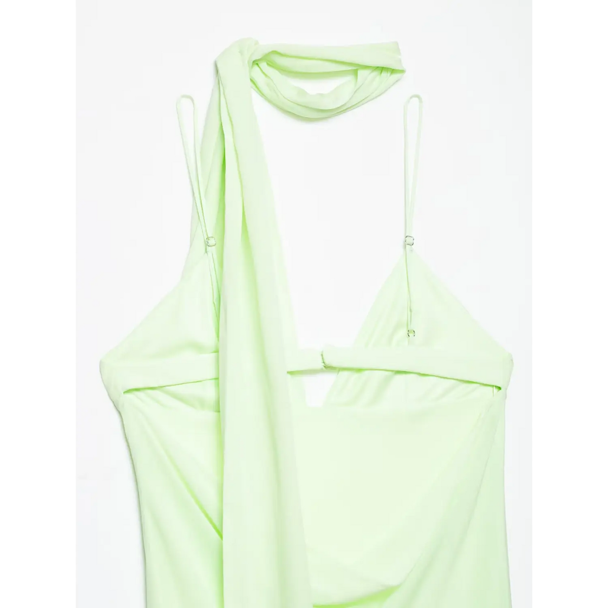 Pale mint green maxi dress close-up, halter neck wrap design, thin adjustable spaghetti straps, draped chiffon fabric
