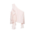 Front full flat lay pale pink asymmetrical one-shoulder tank top, diagonal single shoulder, layered waterfall ruffle overlay, irregular multi-layer long ruffle hem, lightweight shiny satin fabric