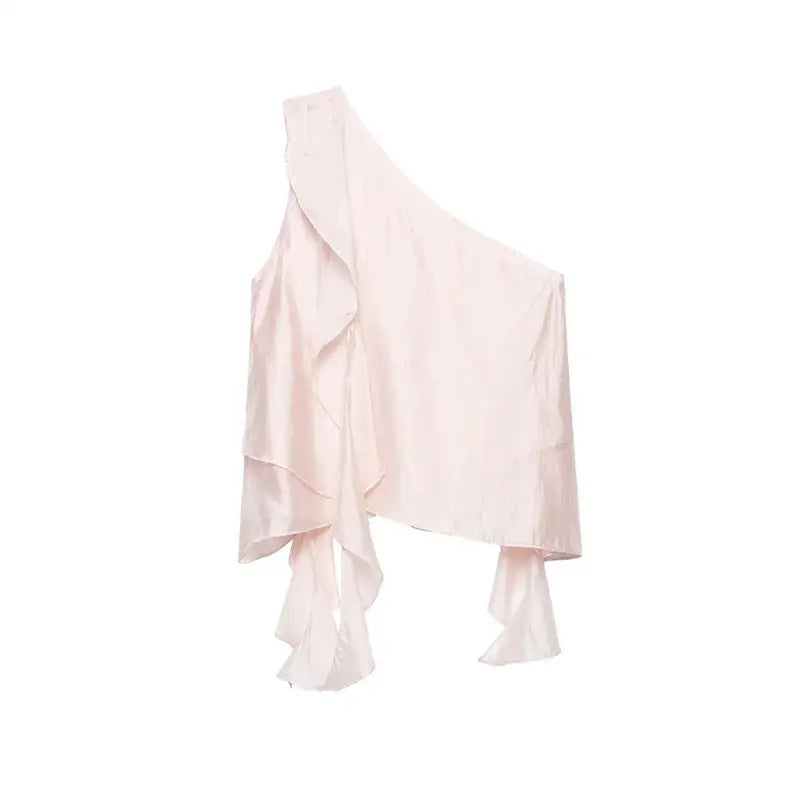Front full flat lay pale pink asymmetrical one-shoulder tank top, diagonal single shoulder, layered waterfall ruffle overlay, irregular multi-layer long ruffle hem, lightweight shiny satin fabric