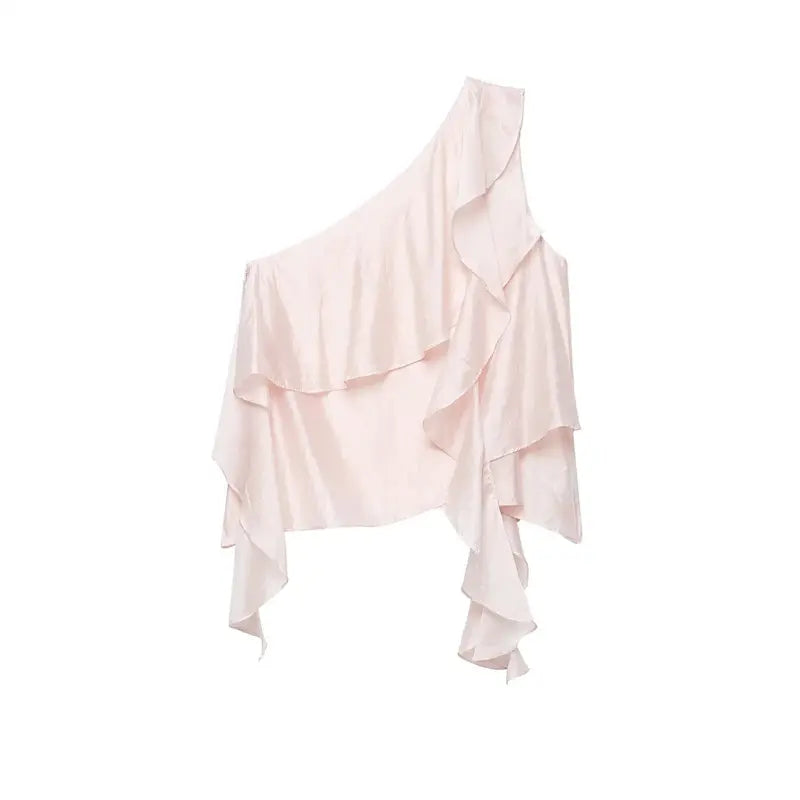 Back full flat lay pale pink sleeveless asymmetrical cami, solid smooth satin back panel, hidden side closure, loose cropped flowy silhouette