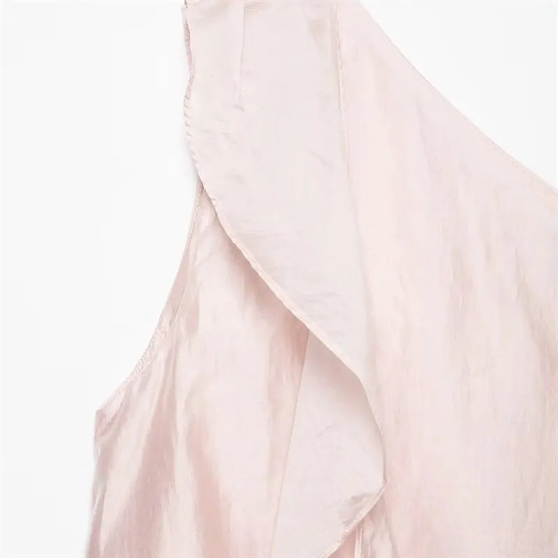 Full overview uneven multi-layer waterfall ruffle hem, long hanging flutter fringe tails on both sides, sheer lightweight satin layers