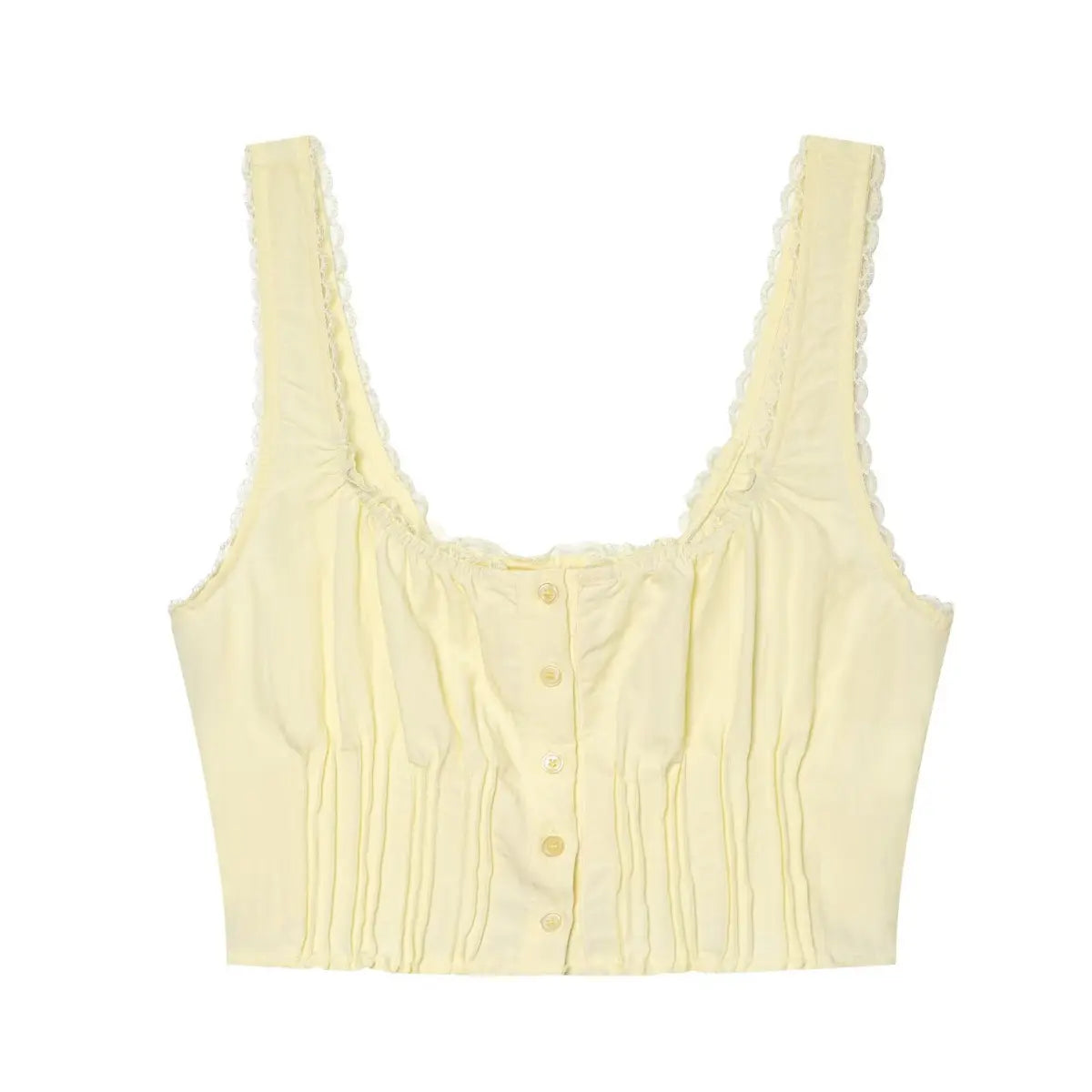 Flat-lay view of the pale yellow corset-style cami top, showing the full silhouette, button placket, and lace trim