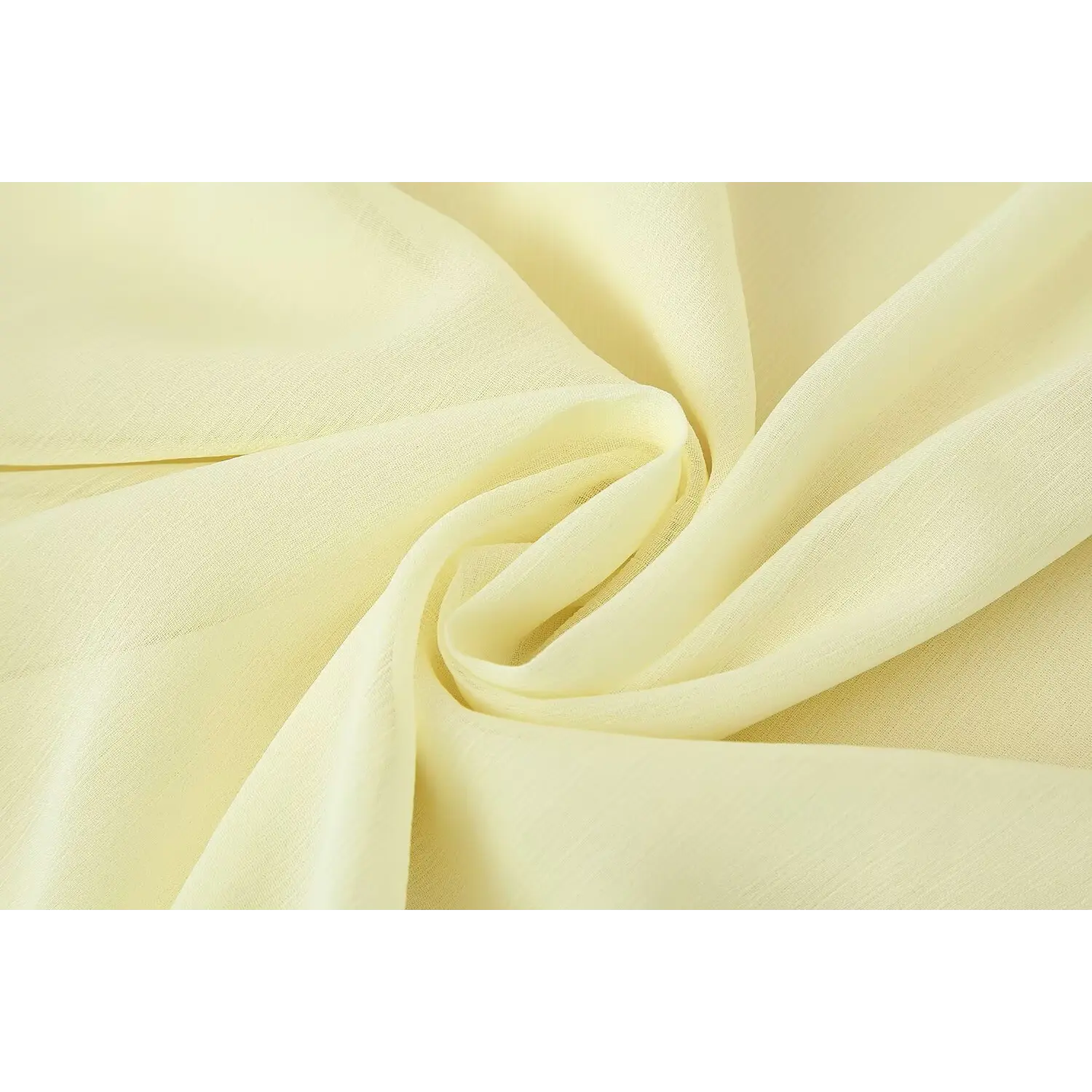 Flat lay twisted pale yellow crinkle chiffon fabric, matte lightweight woven material, soft drape sheer texture for long dress