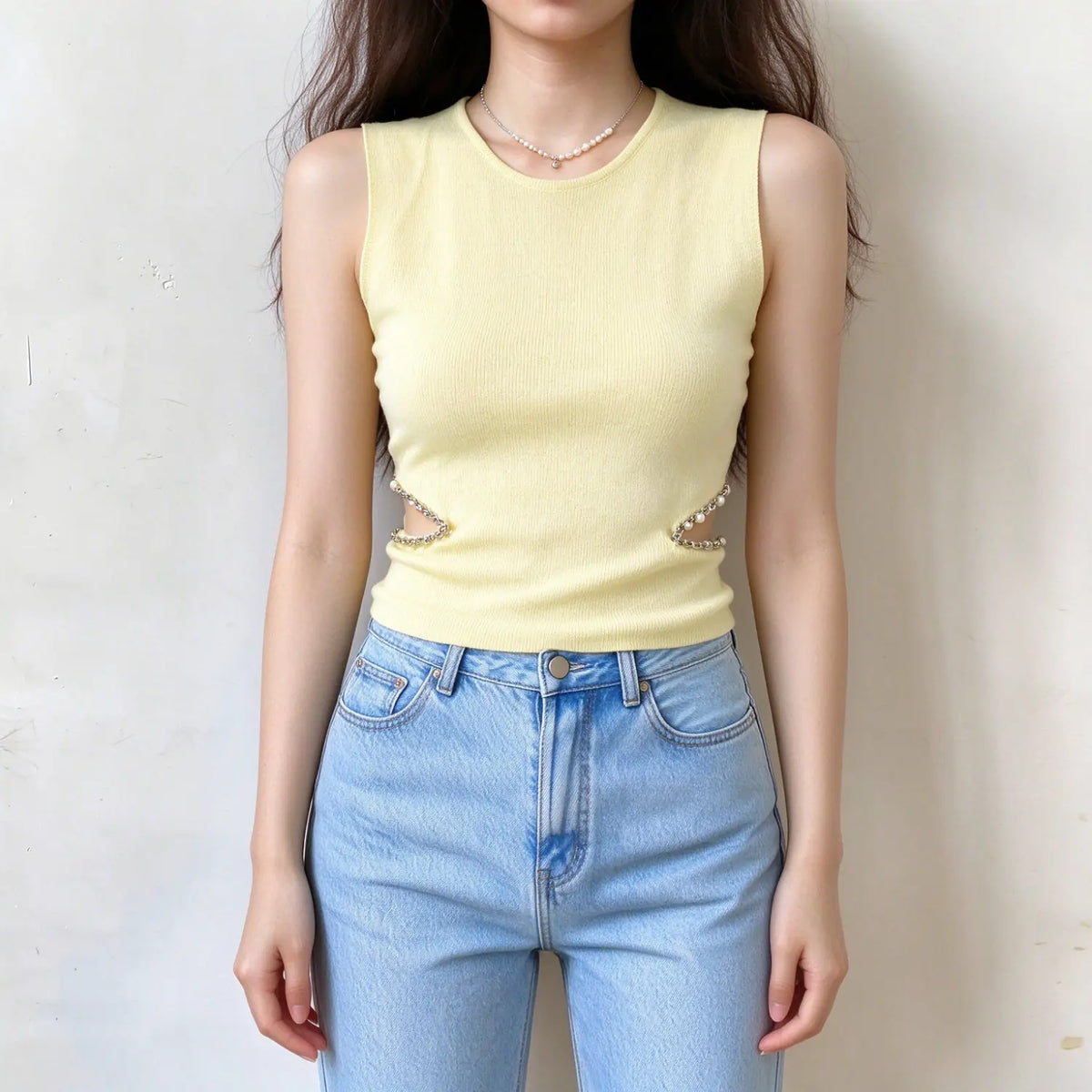 Model wearing pale yellow sleeveless ribbed knit top, side cutouts adorned with pearl chain details, styled with light blue denim jeans, plain white background