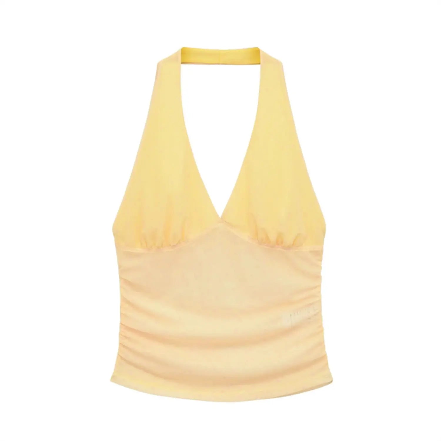Full front flat lay of pale yellow halter tank top, deep V neckline, sheer dot mesh overlay, gathered bust seam, ruched waist, cropped length, soft yellow lining