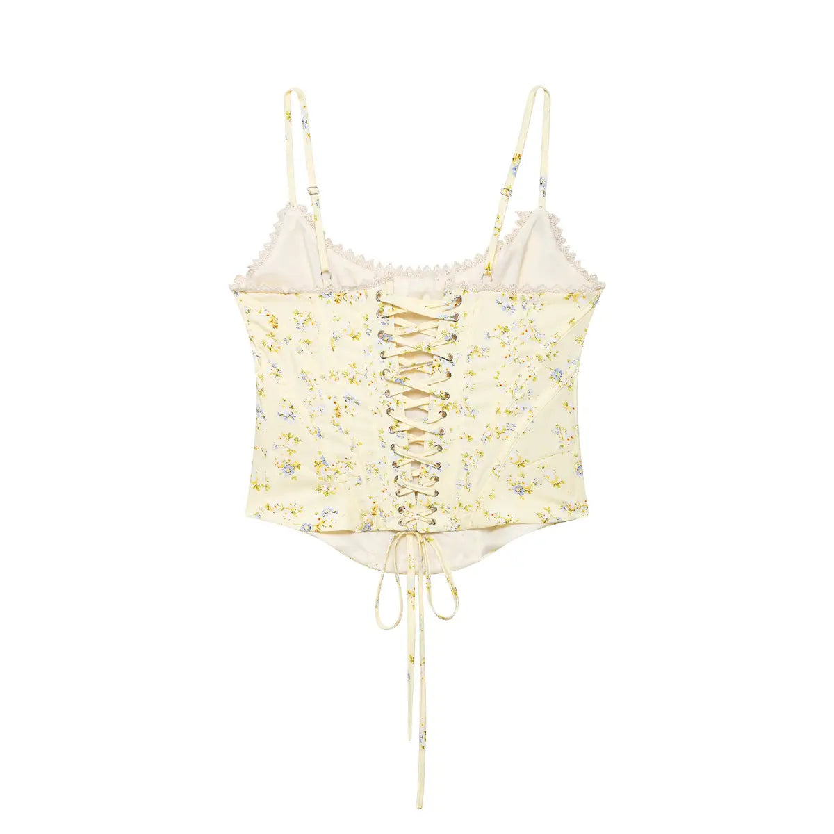 Full back view of pale yellow floral corset top with lace trim and full lace-up design.