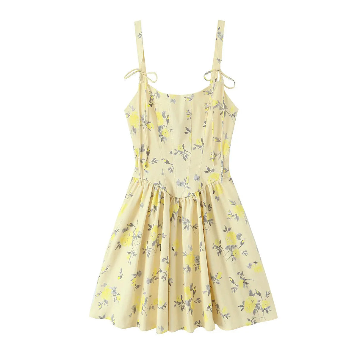 Full front view of a pale yellow floral print spaghetti strap mini dress with tie straps, structured bodice, and flared skirt.