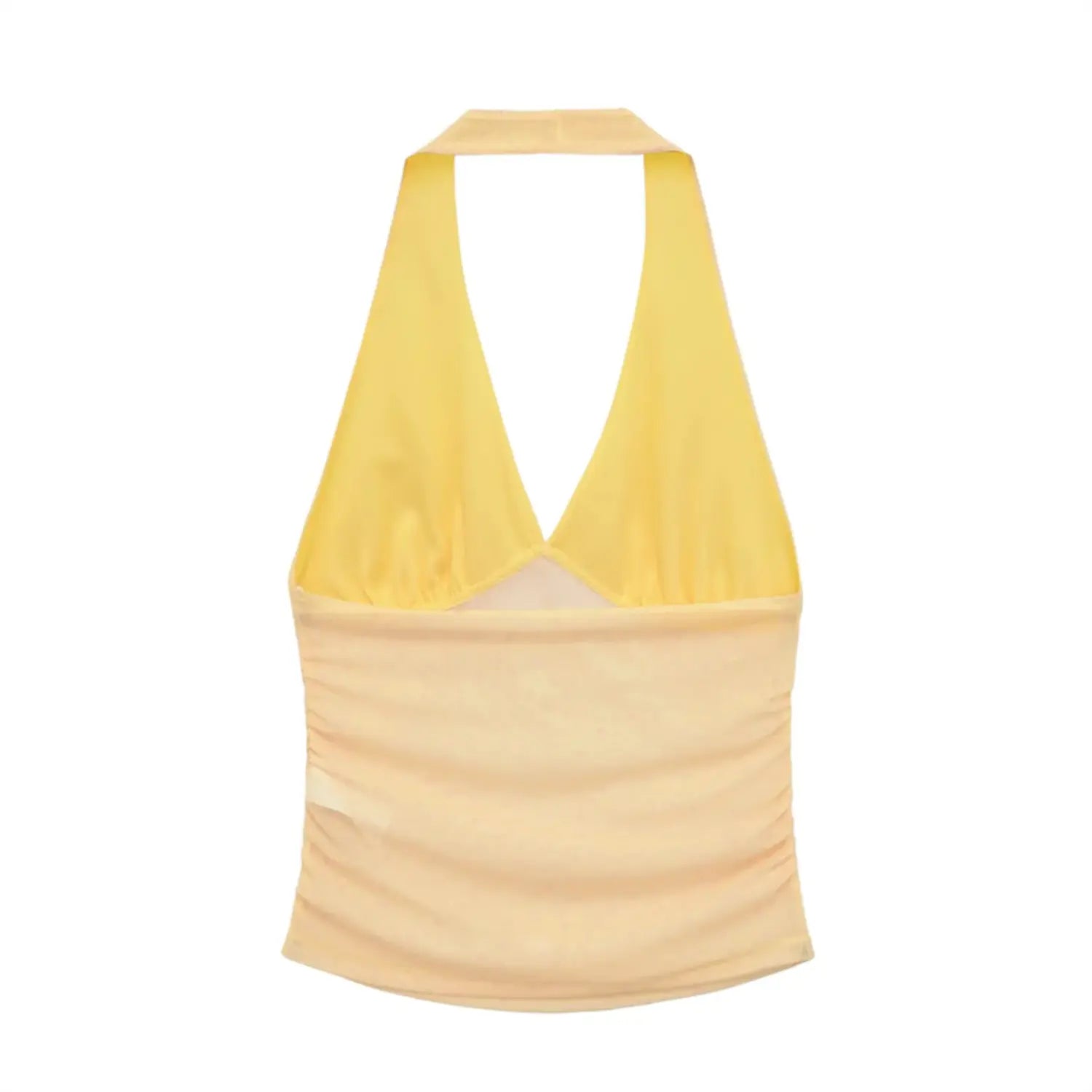 Complete back flat view, halter neck strap, open back, fitted ruched lower torso, sheer dot mesh fabric, pale yellow stretch lining