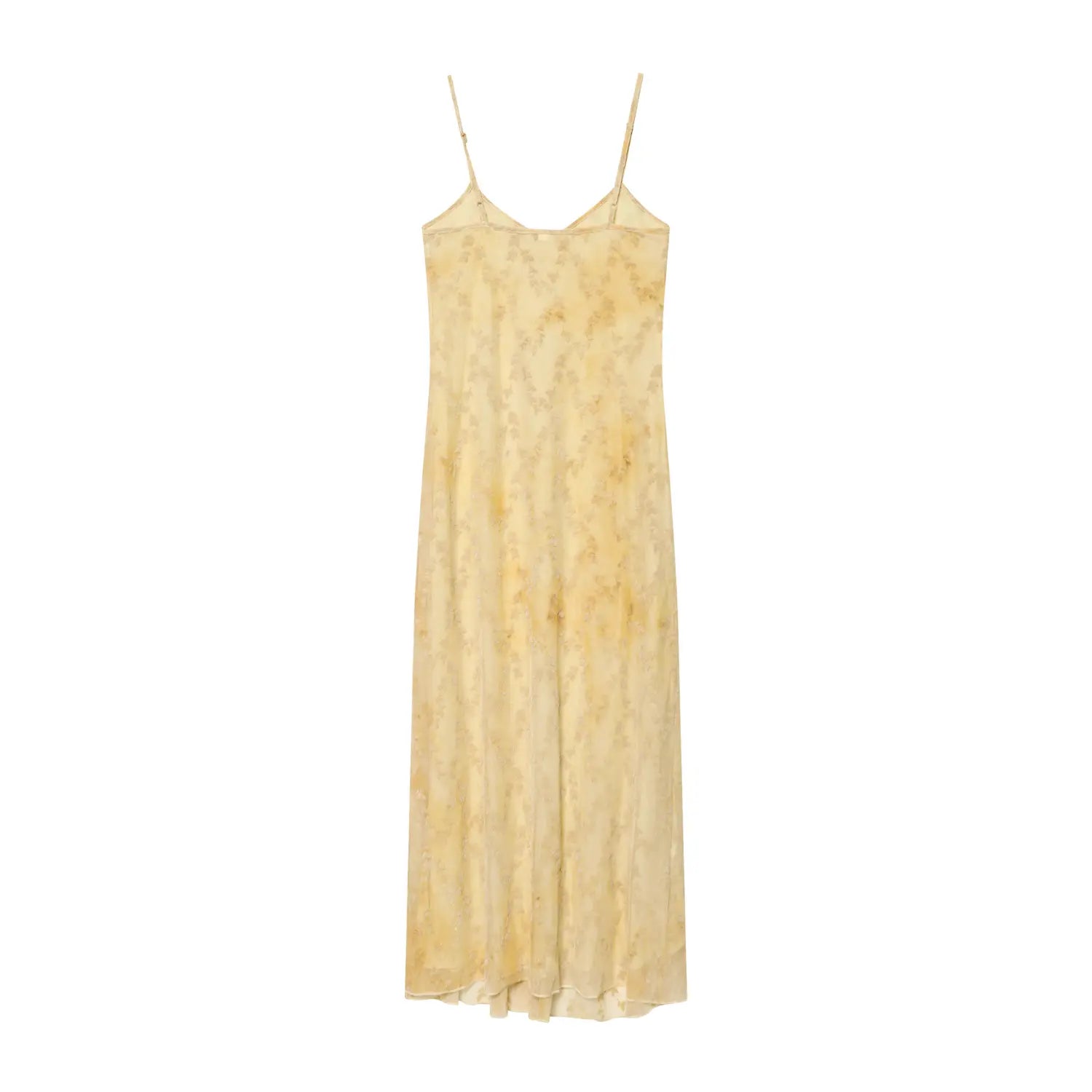 Back view pale yellow leaf jacquard mesh cami maxi dress, adjustable thin straps, v‑back, bias cut long hem