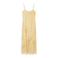 Front view pale yellow leaf jacquard mesh cami maxi dress, v‑neck, adjustable spaghetti straps, bias cut flowy long skirt