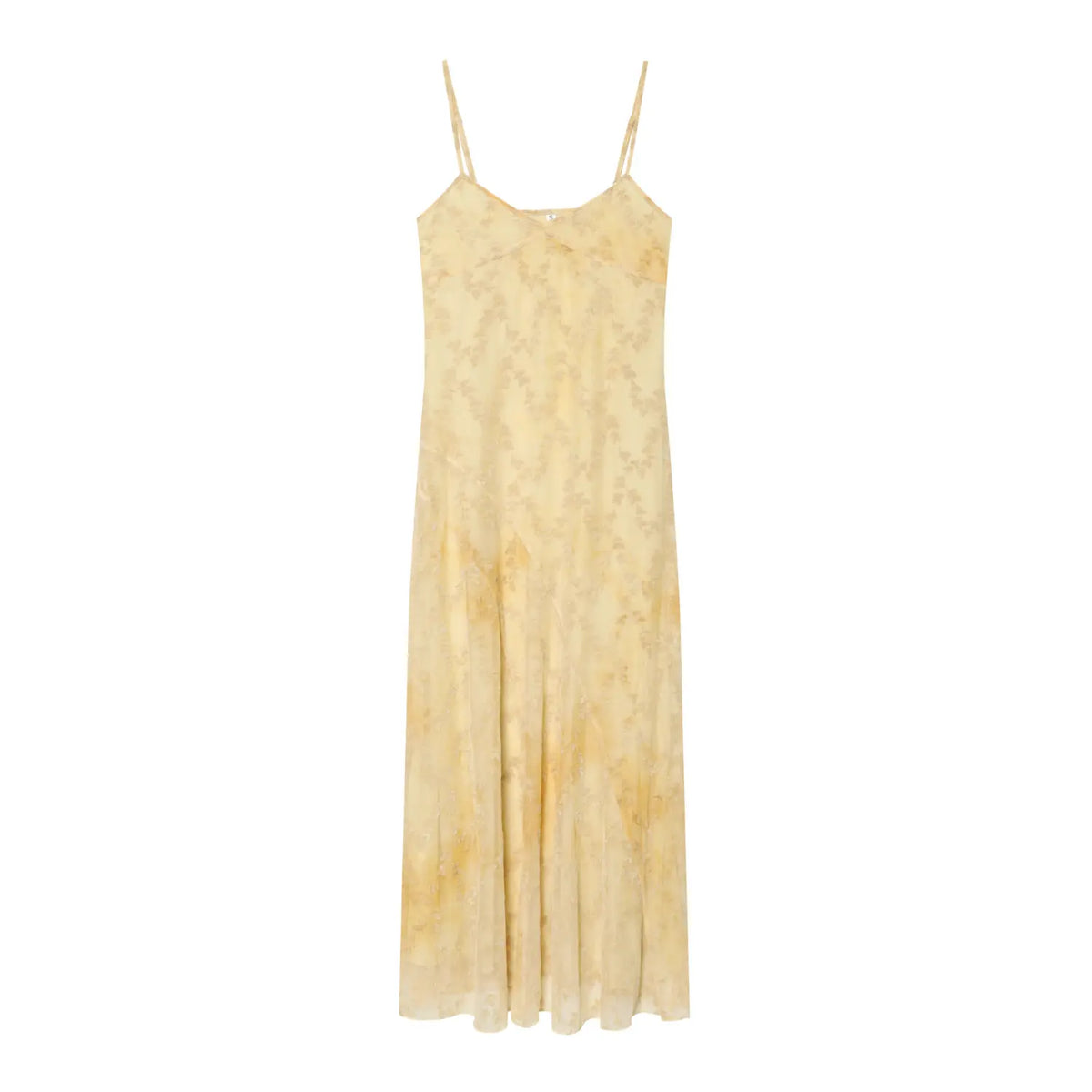 Front view pale yellow leaf jacquard mesh cami maxi dress, v‑neck, adjustable spaghetti straps, bias cut flowy long skirt