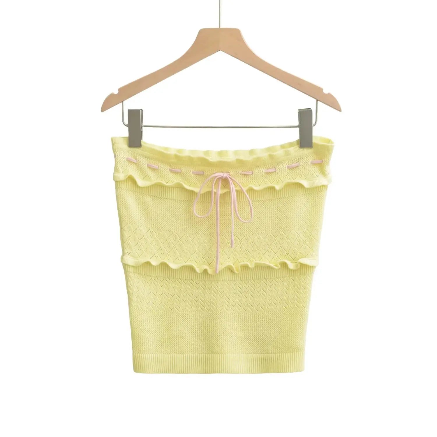Single product shot pale yellow knitted strapless top, ruffle layers, front pink drawstring detail
