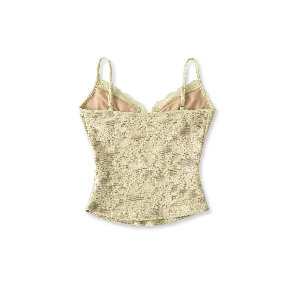 Studio back view of the pale yellow lace camisole, highlighting the adjustable straps and nude lining.

