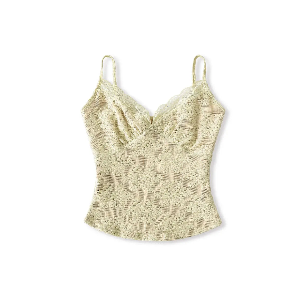 Full front shot of the pale yellow lace camisole, showing the scalloped V-neck, adjustable straps, and fitted silhouette.