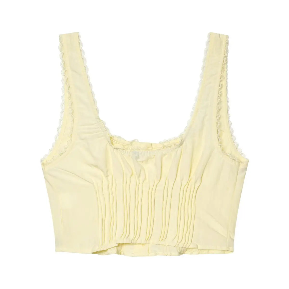 Back view of the pale yellow corset-style cami top, showing the square neckline, lace-trimmed straps, and vertical pleats