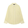 Front product flat shot loose fit striped shirt, classic lapel collar, single chest pocket, long sleeves