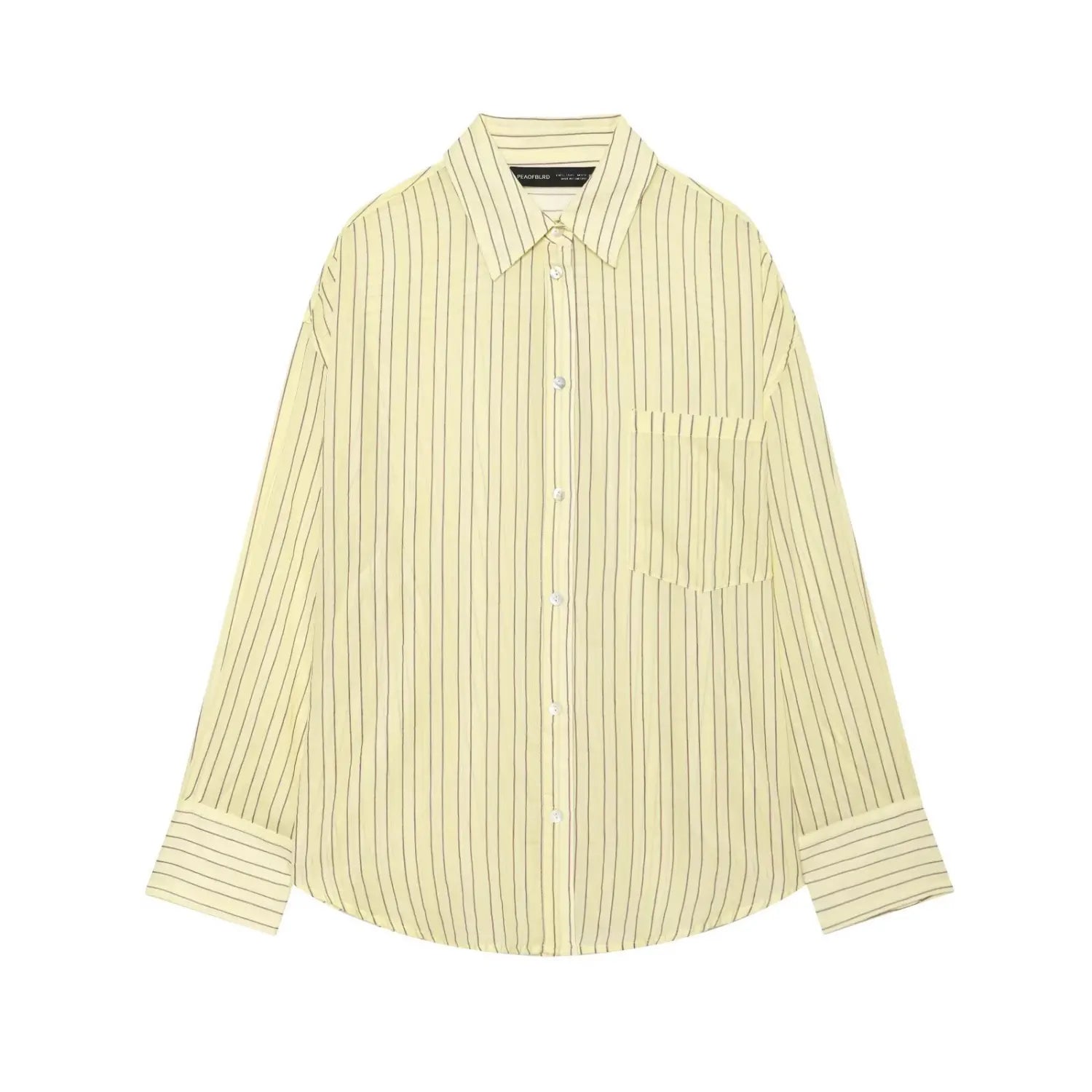 Front product flat shot loose fit striped shirt, classic lapel collar, single chest pocket, long sleeves