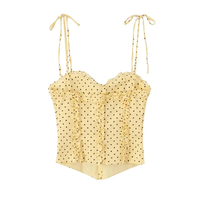 Back flat lay pale yellow ruffle cami, solid back shirring, matching polka dot fabric lining, curved jagged hem